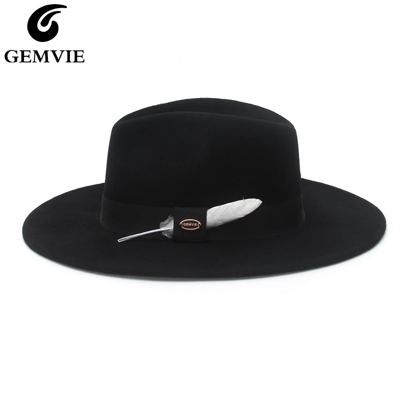 GEMVIE New Wool Felt 4 colors Stiff Wide Brim Fedora For Man/Women Striped Silver Feather Band Autumn Winter Panama Jazz Cap