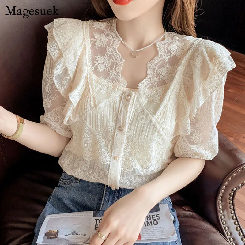 

2021 Summer V Neck Lace Shirt Fashion Short Sleeve Ruffle Stitching Sweet Women Tops with Suspenders Korean Crochet Blouse 14507