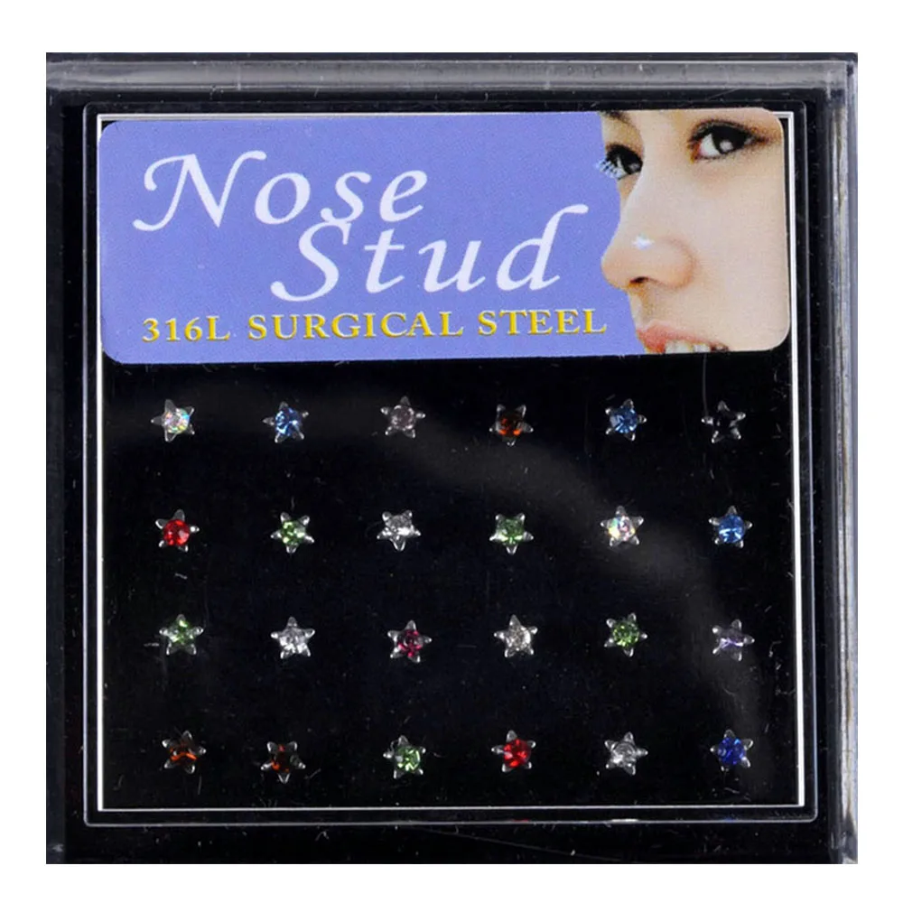 24Pcs/Set Stainless Steel Nose Studs Punk Style Nose Piercing Pentagram Crystal Nose Rings Cartilage Earrings sexy body jewelry