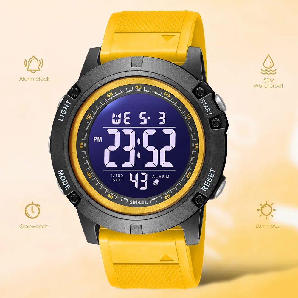 SMAEL Electronic LED Digital Watch for Men Waterproof Auto Date Week Unisex Wristwatch for Women Yellow Sport Watches Lady 1902