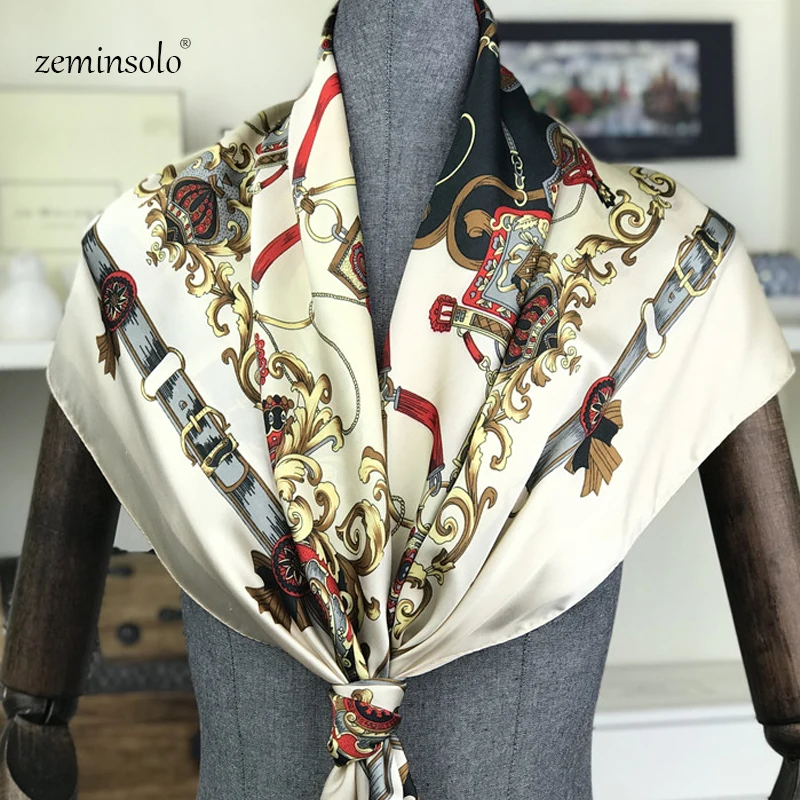 Deluxe Brand Scarves Elegant Female Square Scarf Printed Chain Square Scarf 90*90 cm Square Silk Hair Scarf Female Scarves