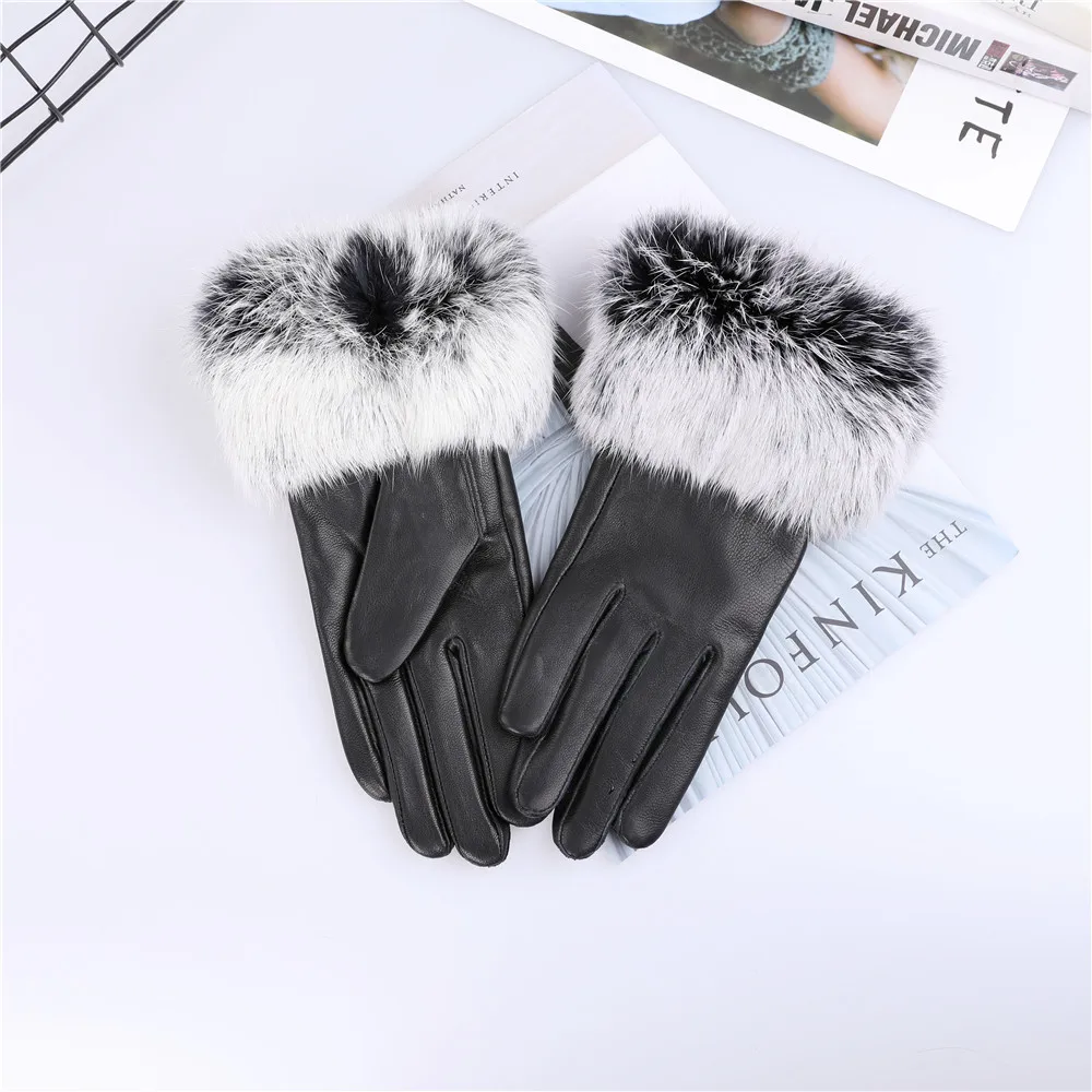 Gants en cuir de mouton véritable pour femmes, chauds, garniture en fourrure de lapin, gants de conduite, mitaines, offre spéciale, automne hiver