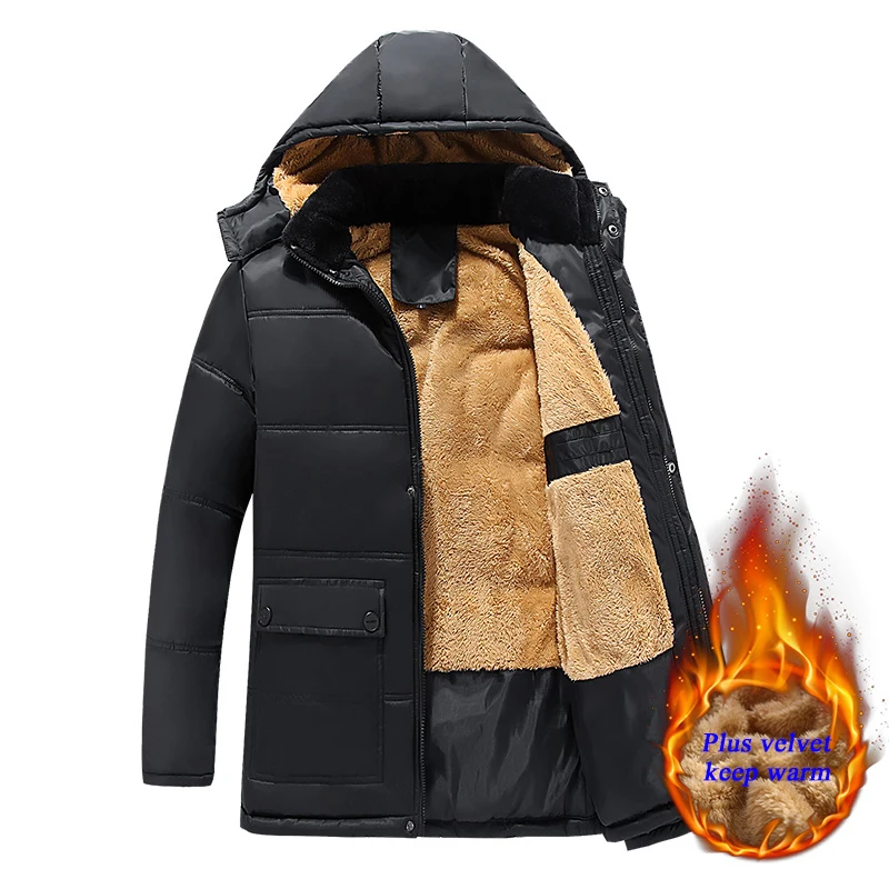 Winter Warm Katoenen Jas Interne Fluwelen Trenchcoat Voor Mannen Verdikte Overjas Lange Hooded Overjas Jassen Voor Mannen Windbreake