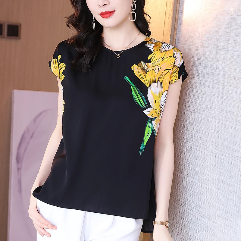 

2024 Summer Women Black Shrit Tops Elegant O-neck Short Sleeve Loose Shirts Blouses Natural Real Silk Lady Floral Print Blouse