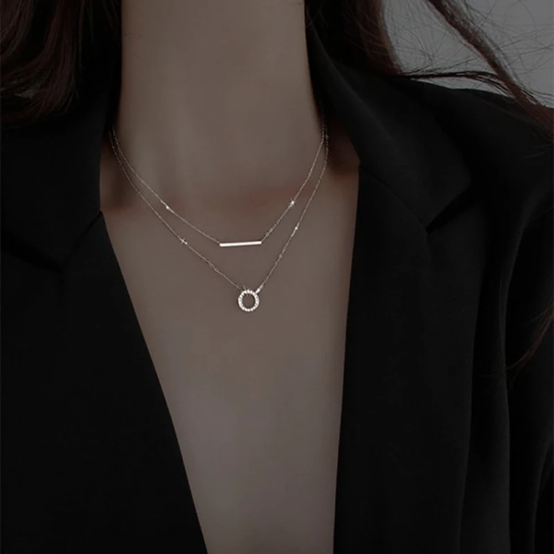 Korean Girls Choker Silver Color Round Flower Star Bar Pendant Necklace for Women Wedding Zircon Jewelry Cute Clavicle Chain