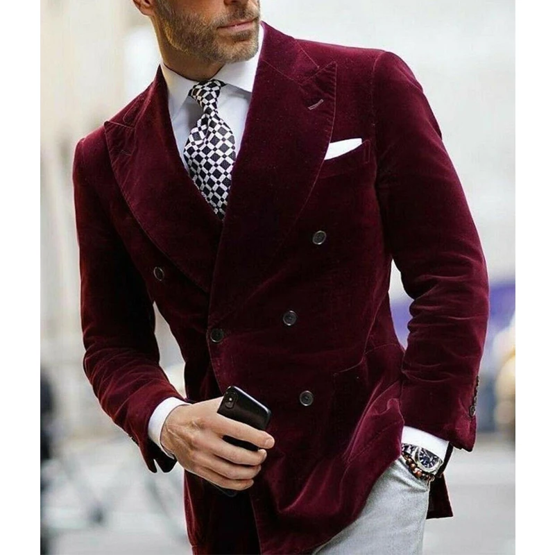 Burgundy Velvet Blazer for Men with Double Breasted Dinner Jacket Elegant Smoking Suit Coat 2023