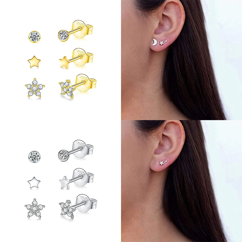 CANNER-Pendientes de Plata Esterlina 925 para Mujer, Aretes de Circonita 5A, Piercing, Joyería, Hebilla para la Oreja, 3 Unidades/Set