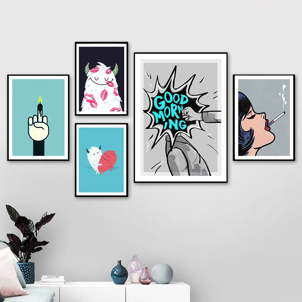Bad Girl Smoking Picture Wall Art Canvas Poster Bday Finger Print Cartoon Devil Heart Decorative Picture Painting Modern Decor