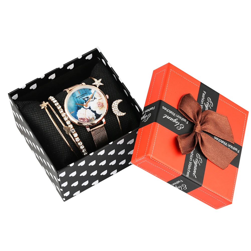 

Women Watch Bracelet Jewelry Set Quartz Watches Flower Pattern Dial Small Cute Star Moon Bracelet Accessories Set