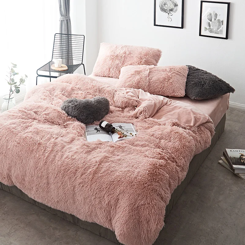 

Pink White Fleece Fabric Winter Thick Pure Color Bedding Set Mink Velvet Duvet Cover King Bed sheet Bed Linen Pillowcases