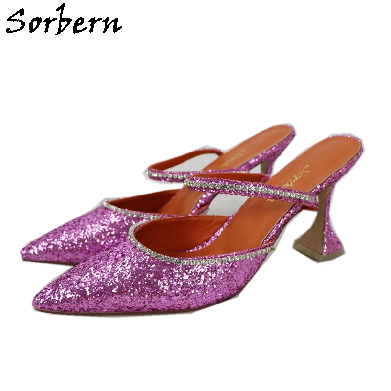 

Sorbern Blingbling Sequins Pump Shoe Women Mules High Heels Pointed Toe Kitten Heels Crystals Mary Janes Style Multi Colors