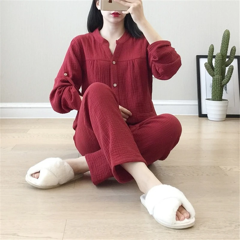 

Solid color pajamas 100% cotton gauze pajamas four seasons cotton long-sleeved home service suit cardigan can be worn outside