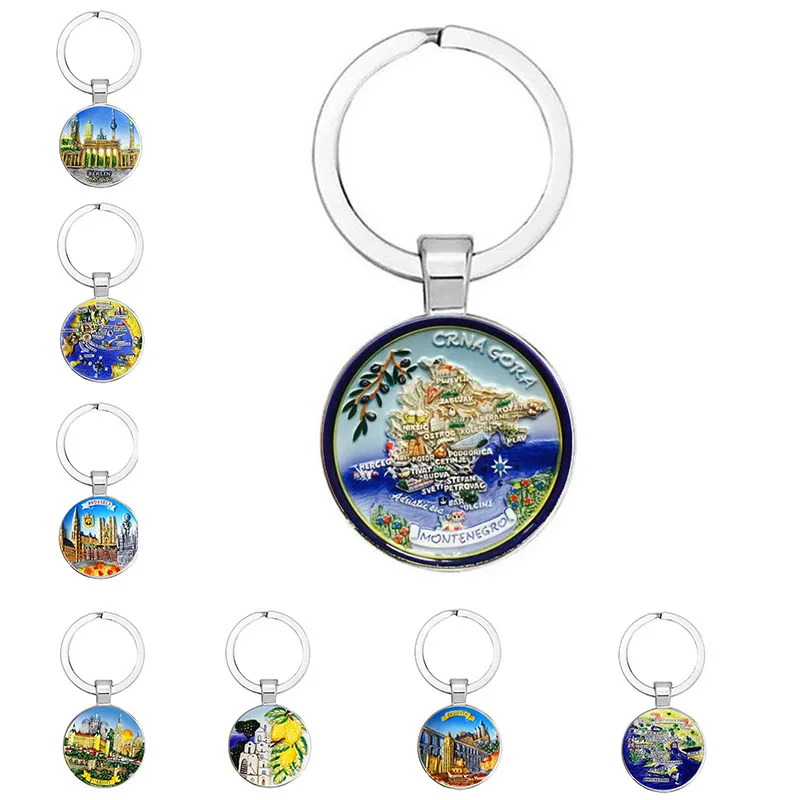 25MM Keychain Europe Mediterranean Greece Spain France Glass Brushed Keychain Fashion Keychain Men\'S And Women\'S Jewelry Gifts