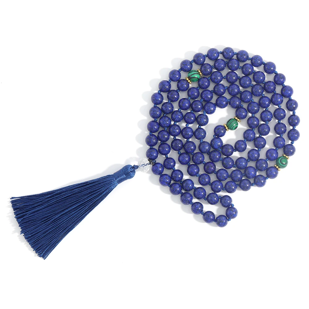 108 Mala 8MM Lapis Lazuli & Green Malachite Beaded Knotted Necklace Men and Women Blessing Fashion Charm Jewelry Long Tassel