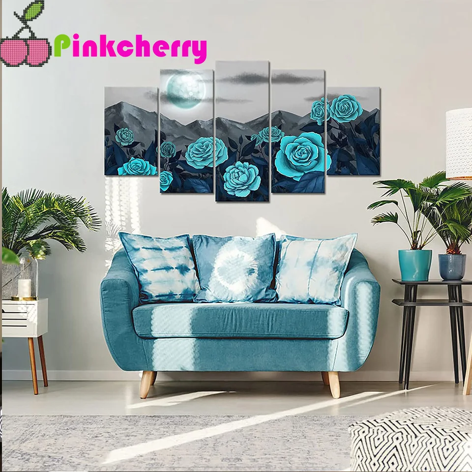 

5pcs set 5d Diamond Embroidery Turquoise Rose 3d Diamond Painting Cross Stitch Mosaic Moon Mountain Pattern Rhinestone Decor E49