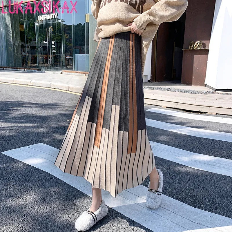 

LUKAXSIKAX New Autumn Winter Women Elegant High Waist Slim Long Skirt Vintage Contrast Color Vertical Stripes Knitted Skirt