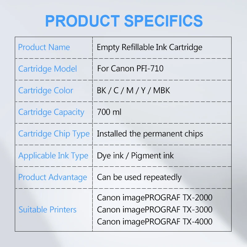 Imagem -06 - Pfi 710 Cartucho de Tinta Recarregável com Chip Permanente Apto para Impressora Canon Tx2000 Tx3000 Tx4000 700ml Cores por Conjunto Pfi710