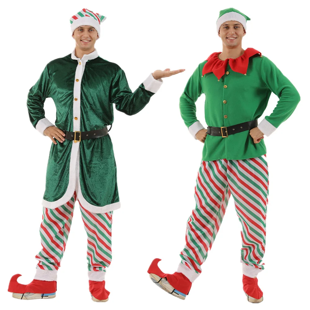 

Deluxe Men's Christmas Costume Adult Santa Elf Striped Cosplay Suits New Year Dress Up