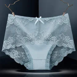 Women High Elasticity Cotton Sexy Lace Underwear Soft Seamless Middle Waist Female Panties Delicate Flowers Hollow Breifs