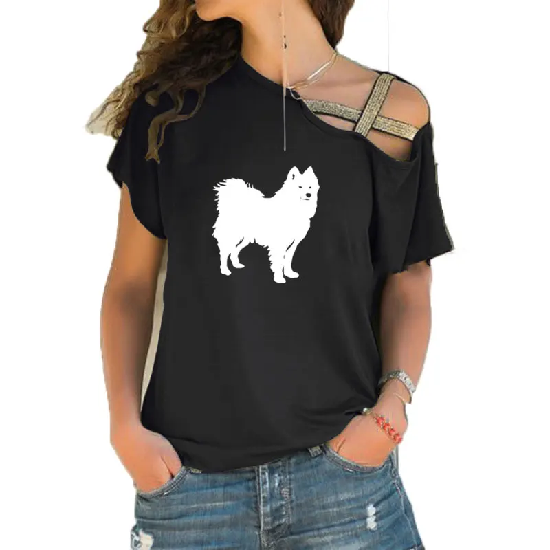 Funny cute Samoyed print Harajuku t shirt for women dog lover Graphic Tees summer casual Irregular Skew Cross Bandage tops