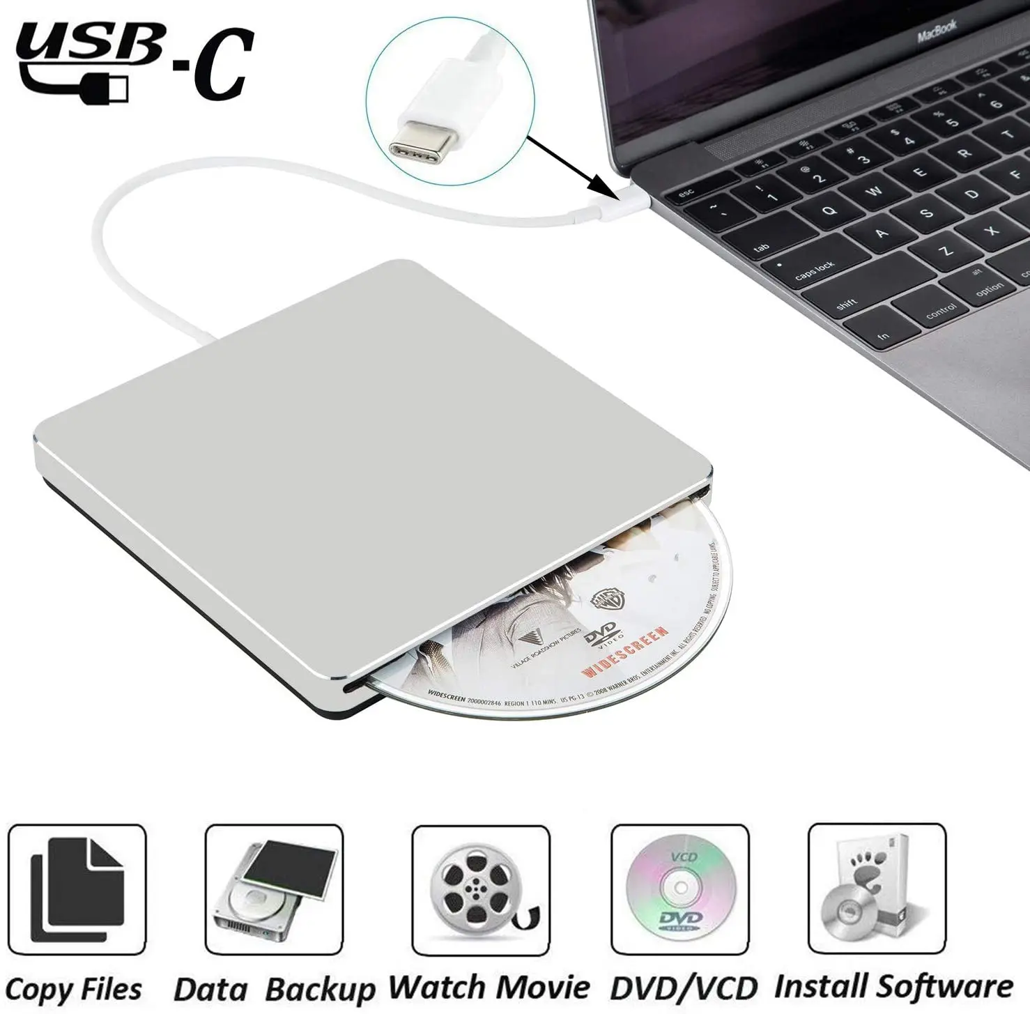 External DVD Burner Drive USB 3.0/Type-C Optical Drive Slim Slot-in CD/DVD+/-RW Burner Player USB C Superdrive for Mac/ Window