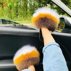 ZDFURS 2020 Hot Sale Women Fox Fur Slippers Multicolor Summer Fashion Slides Outdoor Female Furry Indoor Flip Flops Beach Sandal