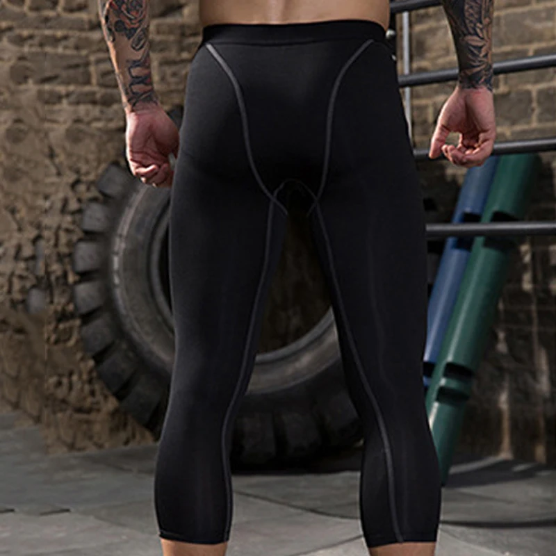 Quick Dry Elastic Men\'s Capris Running Tights Compression Sports Leggings Gym Fitness 3/4 Pants Workout Yoga Bottoms Customized