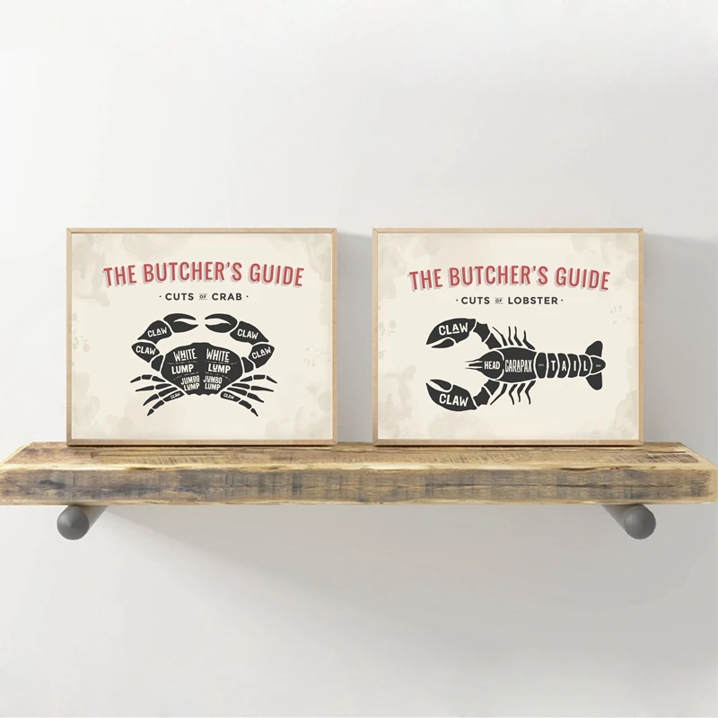 The Butcher's Guide Posters and Prints Crab Lobster Butcher Diagram Kitchen Wall Art Canvas Painting Restaurant Wall Decor