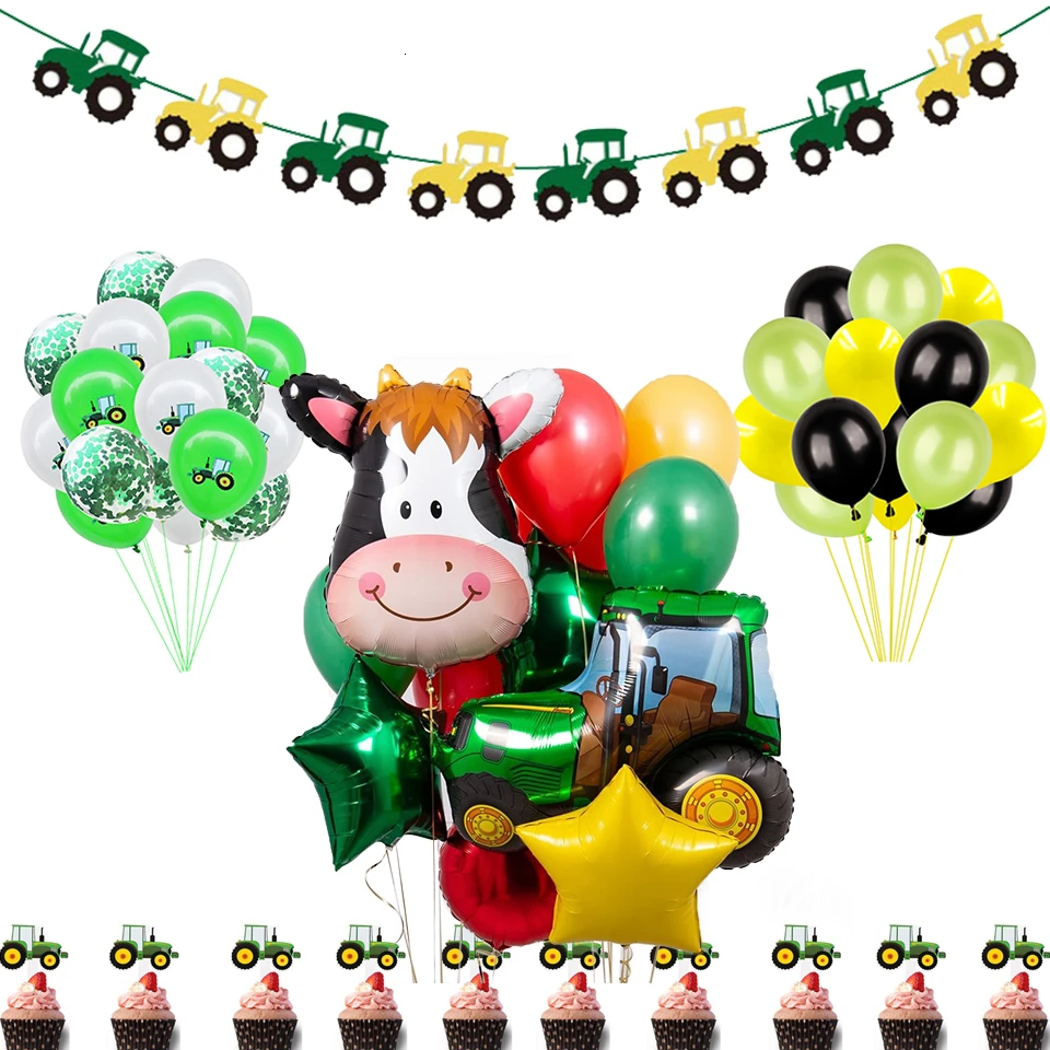 1 conjunto de balões infláveis com tema de fazenda, balões verdes, para decoração de festa de feliz aniversário infantil, escavadeira, banner veicular