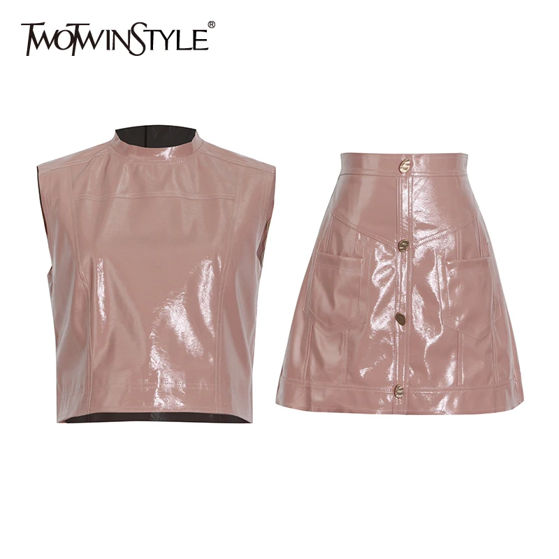 

TWOTWINSTYLE Sexy PU Leather Two Piece Set For Women O Neck Sleeveless Top High Waist A Line Mini Skirt Slim Sets Female Stylish