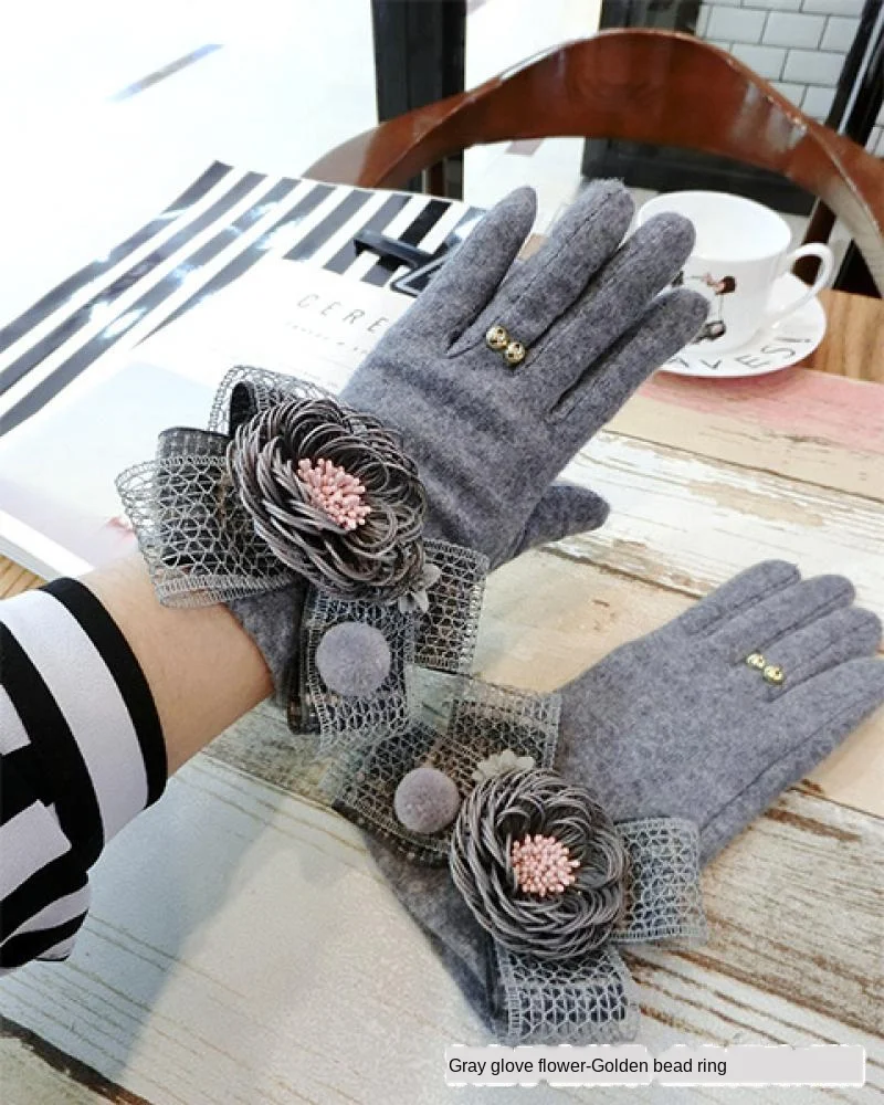 Bowknot Cashmere Gloves Korean Women's Winter Thickening Warm Touch Screen Gloves Girls Winter Students Cute Riding Gloves