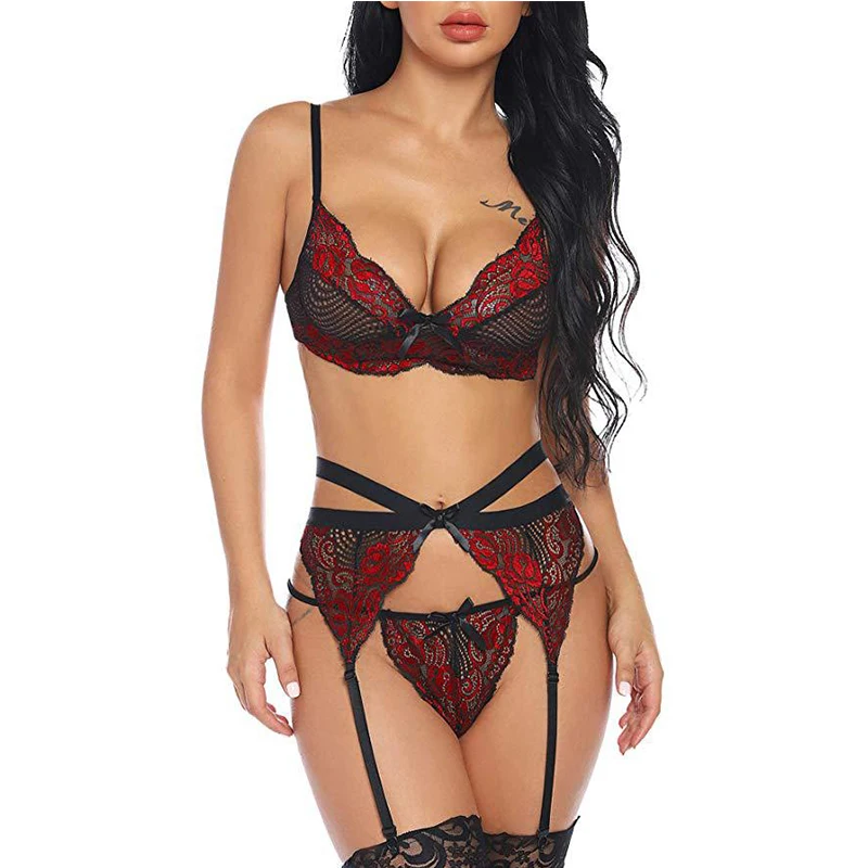 3 pcs Porno Women Lace Sexy Lingerie Set Bandage Bra Underwear G-string with Garter Belts Exotic Sets Nightwear Sleepwear