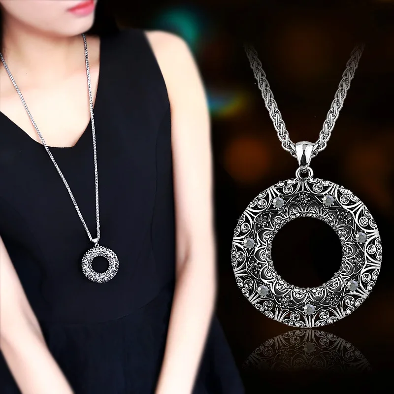 Vintage Rhinestone Statement Round Circle Long Necklace For Women 2019 New Sweater Necklaces & Pendants Jewelry