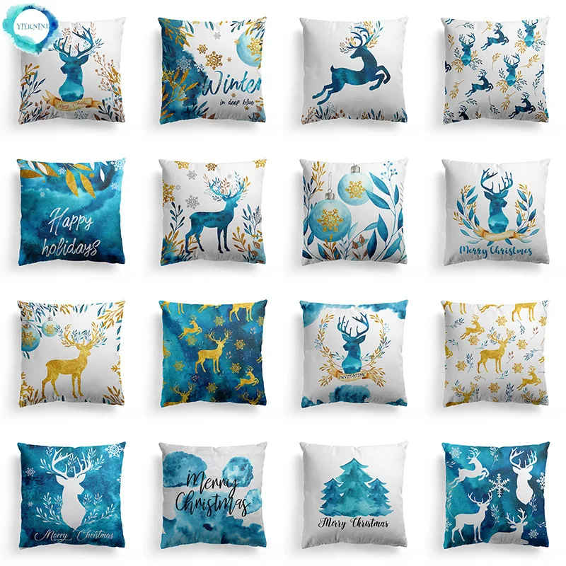 Christmas Watercolor Elk Series Polyester Decorative Pillow Case Xman Tree Blue Pillow Cover for Sofa Car Chair Home Decoration