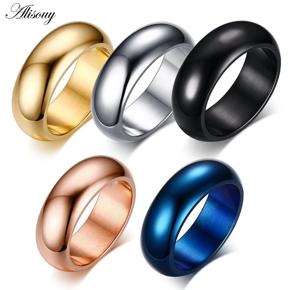 Alisouy 1pc Size 6-13 Solid Stainless Steel Smooth Ring Blue Black Rose Gold Color Wedding Band Rings Men\'s Jewelry