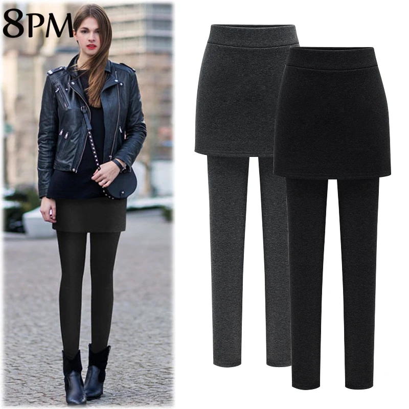 Women's Seamless Skirt Leggings, Casual, Soft, Stretch, Skirted Tights, Fleece, Warm, Ladies Bodycon, Korean, Winter