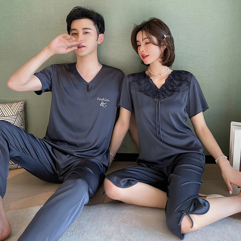 

Lace V-Neck Pajamas Suit Satin Lovers' Sleepwear 2PCS Shirt&Pants Couple Intimate Lingerie Home Clothes Summer Casual Nightgown