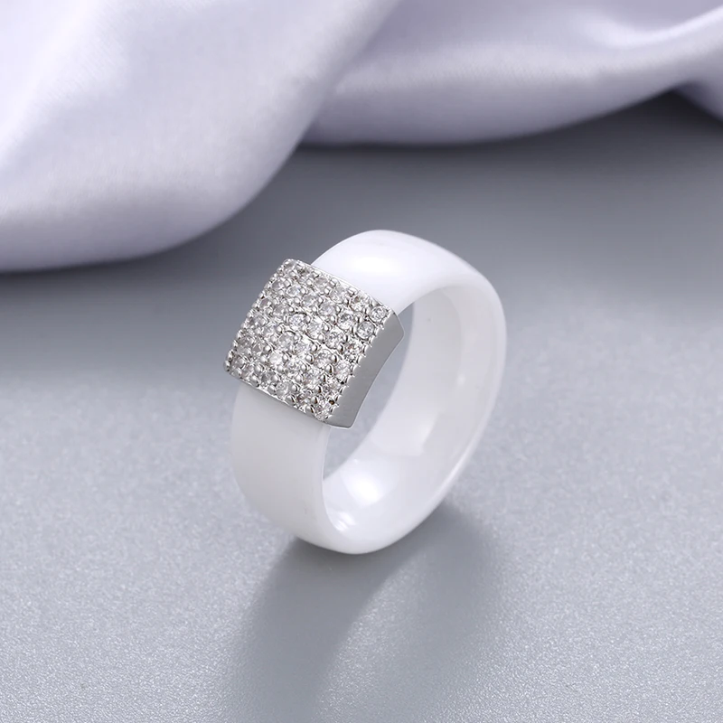 Luxury 8mm White Black Ceramic Rings Plus Cubic Zirconia For Women Rose Gold Silver Color Smooth Wedding Band Ring Gift For Men