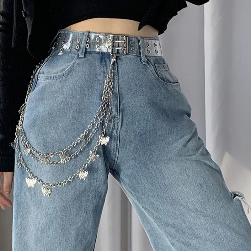 27 Styles de ceinture de pantalon pour hommes et femmes, chaînes multicouches, Punk Hip Hop, anneau en métal, étoile en cœur, porte-clés de