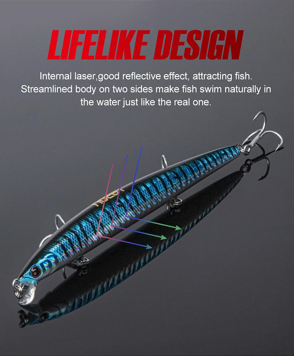 Noeby Minnow-Angelköder, 130 mm, 12 g, schwimmende Wobbeln, langer Wurf, schlanke Minnow, künstlicher harter Köder, Hechtbarsch-Angelgerät – Detail 4