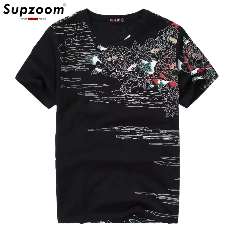 New Arrival O-neck Floral T Shirt Men Hip Hop Tshirt Original Summer Heavy Dragon Tiger Embroidery Carp Loose Man Cotton Short