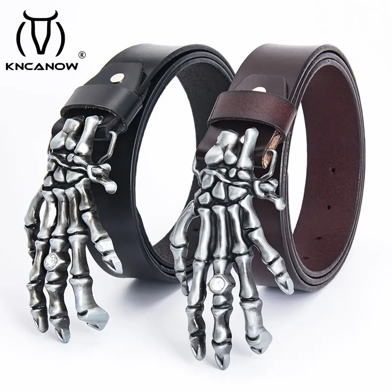 Fashion Men Belt Genuine Leather Designer Skull Hand Heavy Metal Buckle Personality Rock Skeleton Head Devil Hand Punk Rock Belt