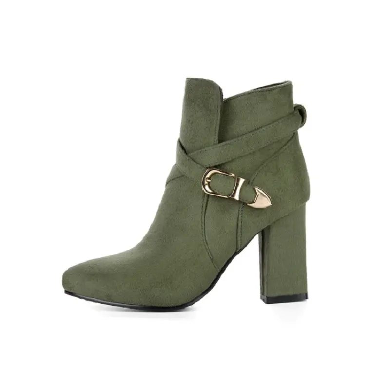 ZawsThia New Winter Buckle Strap Faux Nubuck Flock Army Green Olive Burgundy Pointed Toe Block High Heels Ankle Boots For Women