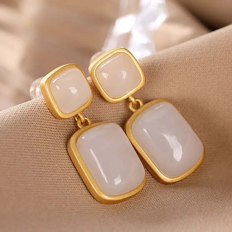 SNew Silver Palace Classical Gentle Natural Hotan White Jade Inlaid Double Stone Earrings Elegant Senior Women's Brand Jewelry