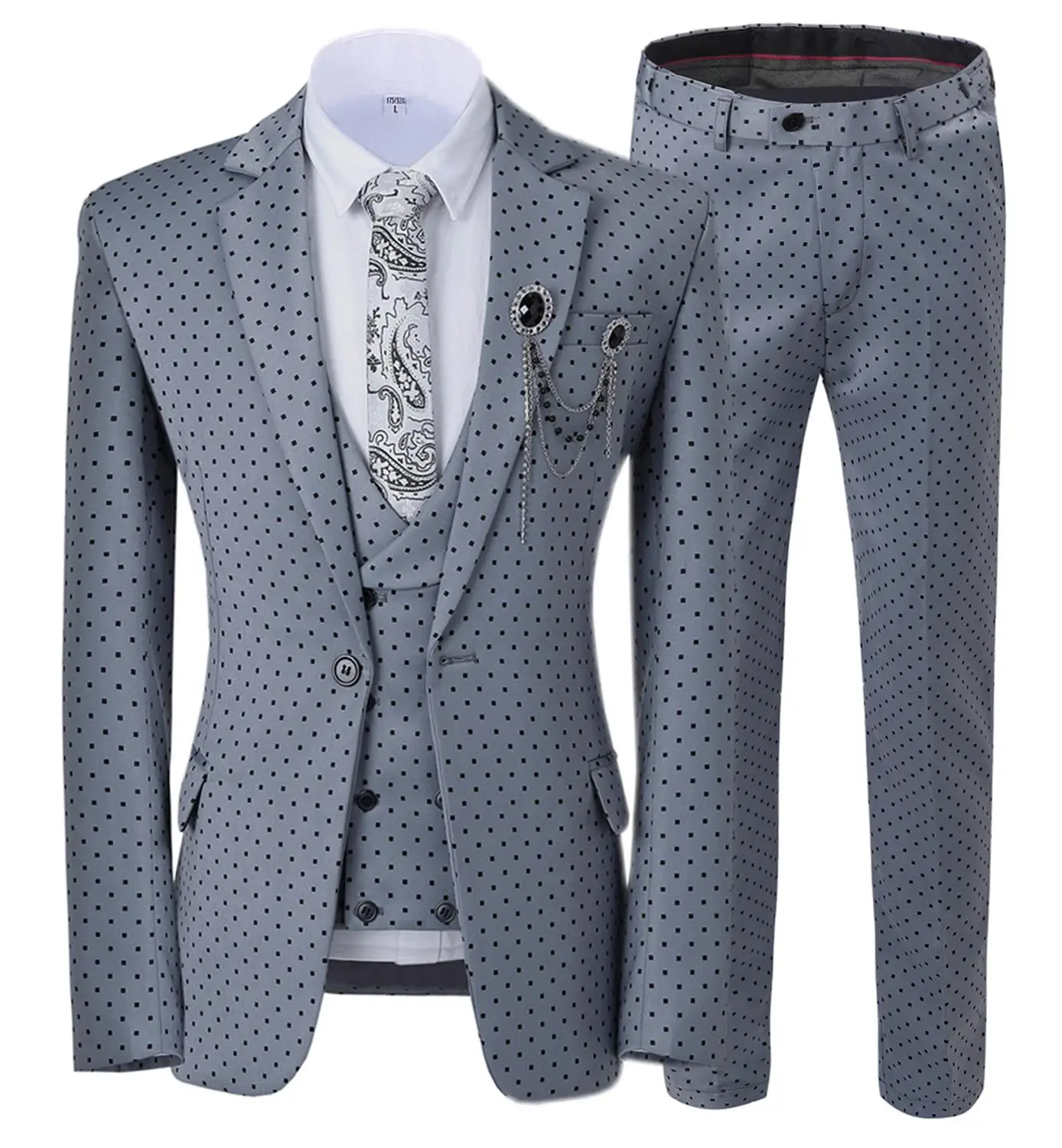 

3 Piece Casual Men's Silver Grey Suits Slim Fit Prom White Tuxedos Point Solid Business Suit Wedding Grooms (Blazer+Vest+Pants)