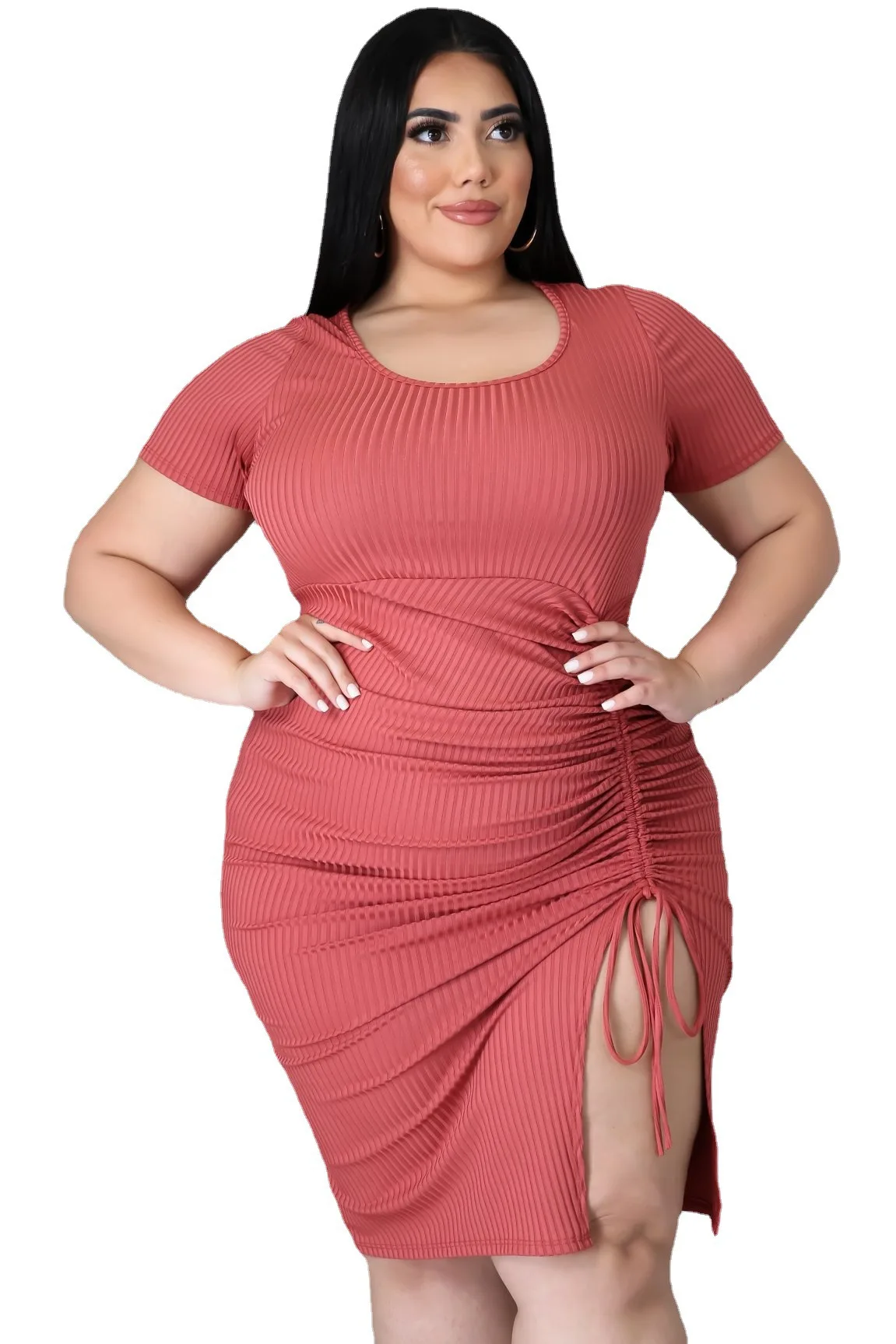 XL-5XL Summer 2022 Plus Size Dress Women Clothing Solid Ribbed Drawstring Fold Sleeveless Casual Dresses Wholesale Dropshipping