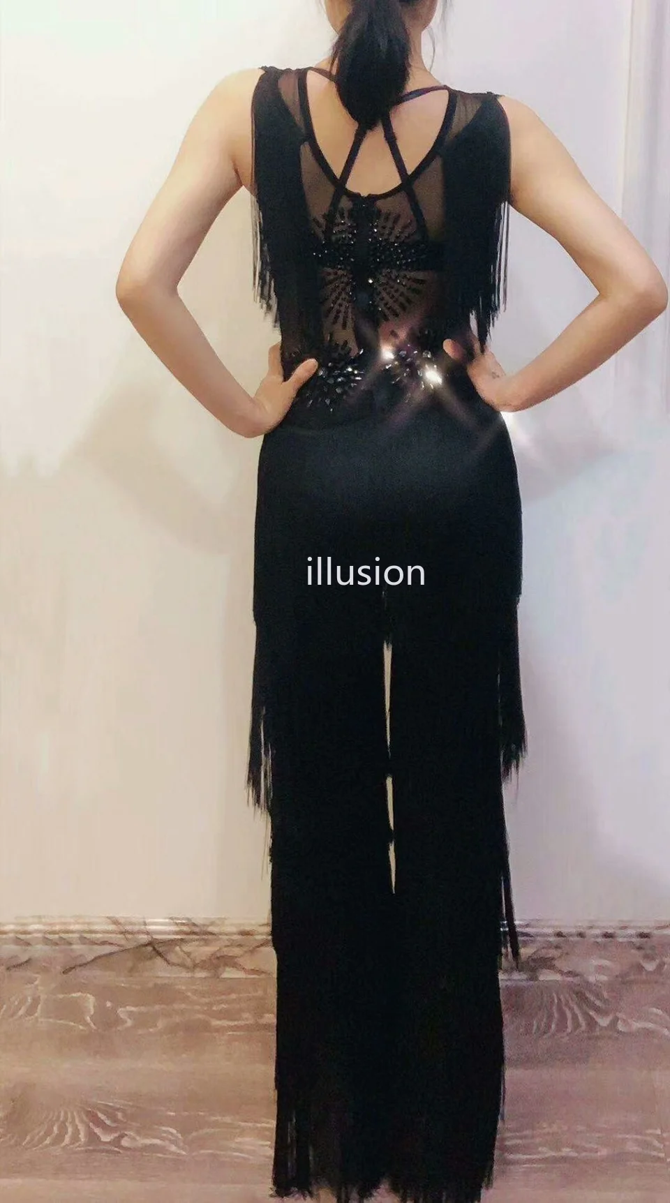 Sexy Mesh See Through Tassel Crystals Jumpsuit Female Singer Dancer Sexy Costume Nightclub Party Outfits Rave Festival Clothing