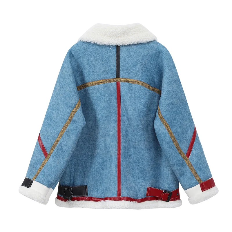 Motorcycle Coat Women Stand Collar Bandage Side Zipped Pocket Blue Vintage Thicken Jacket Outwear Sheepskin Lambswool Teddy Coat