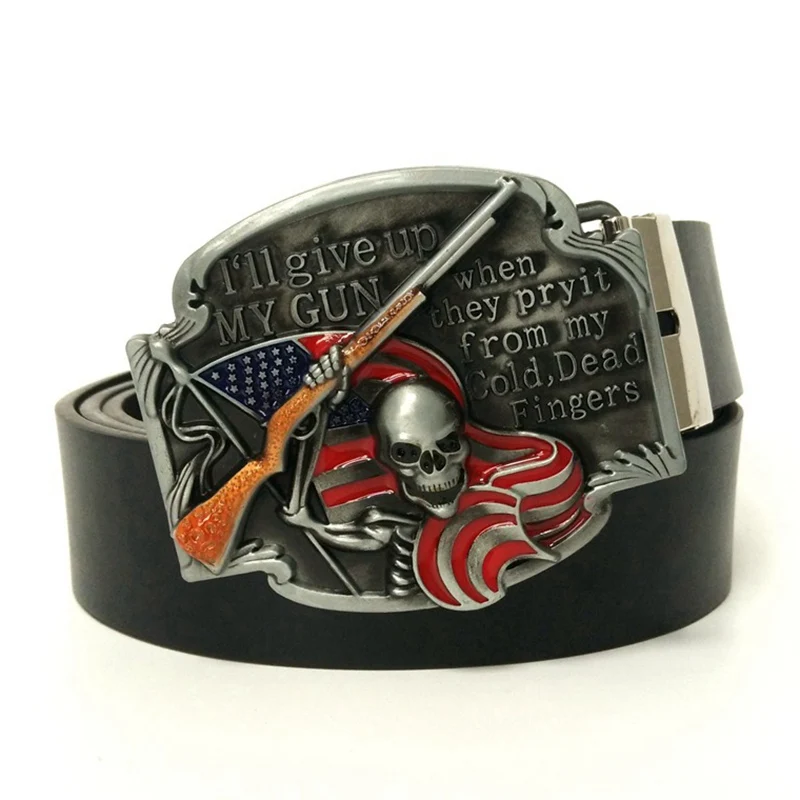 

Casual Black Hip Waist Belts for Men with Punk Rock Skeleton with Gun American Flag Metal Buckle Western Cowboy Accessories