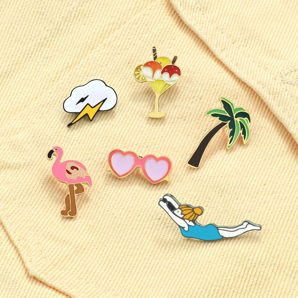 Cartoon Enamel Pins Swiming Girl Coconut Tree Flamingo Brooch Women Mental Demin Coat Lepal Pin Holiday Decoration Badge Jewelry